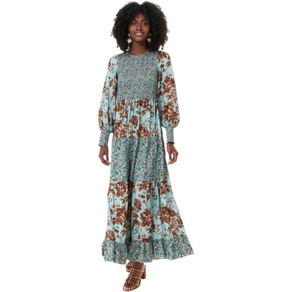 Tuckernuck Robin Egg Libby Mixed Floral Print Tiered Maxi Dress XS - Picture 1 of 8